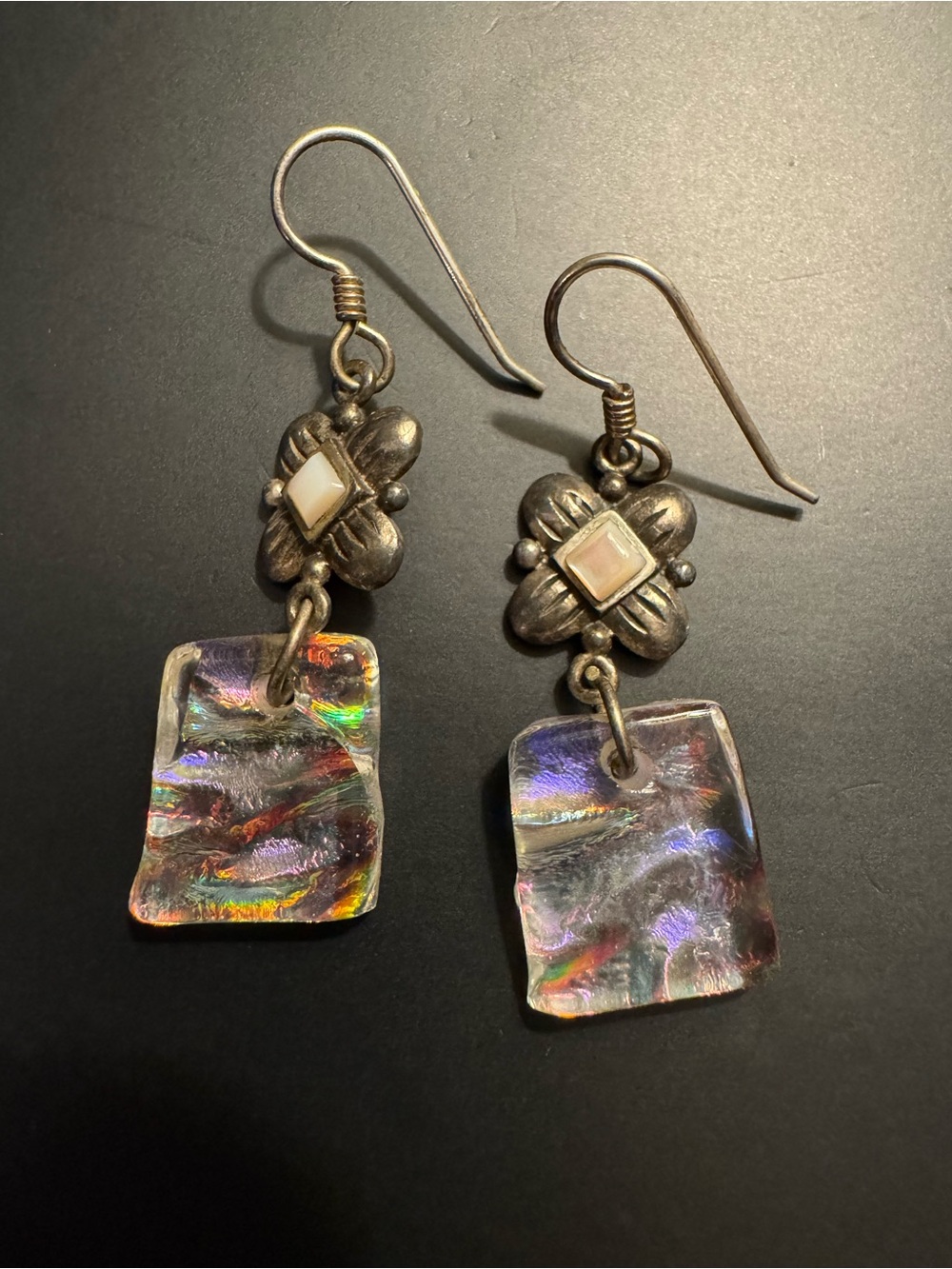 Thai Sterling Silver Iridescent Art Glass Dangle Earrings – 1.75”